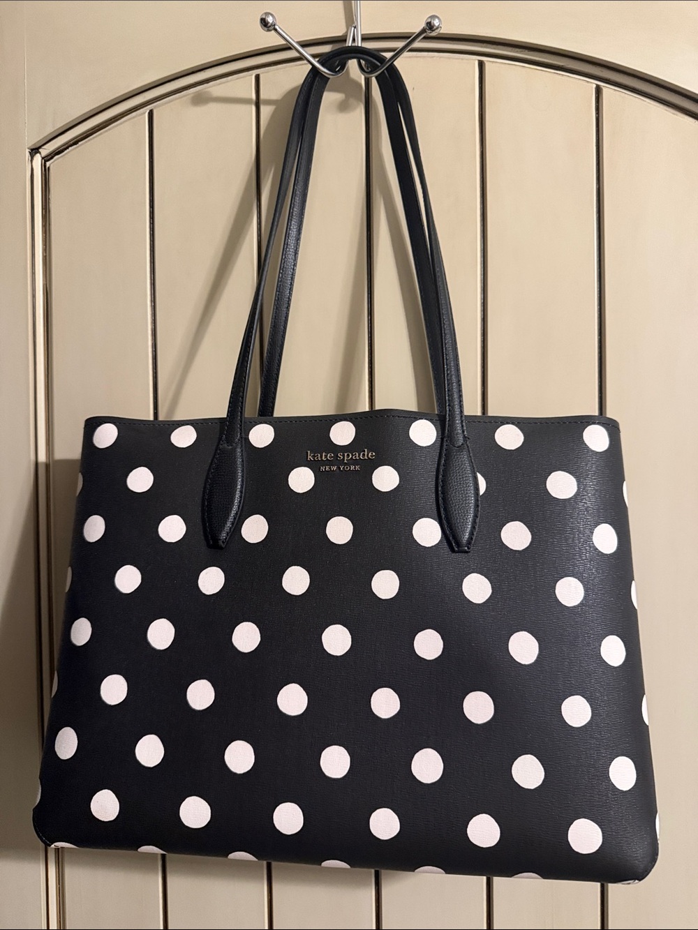 kate spade black tote with white polka dots